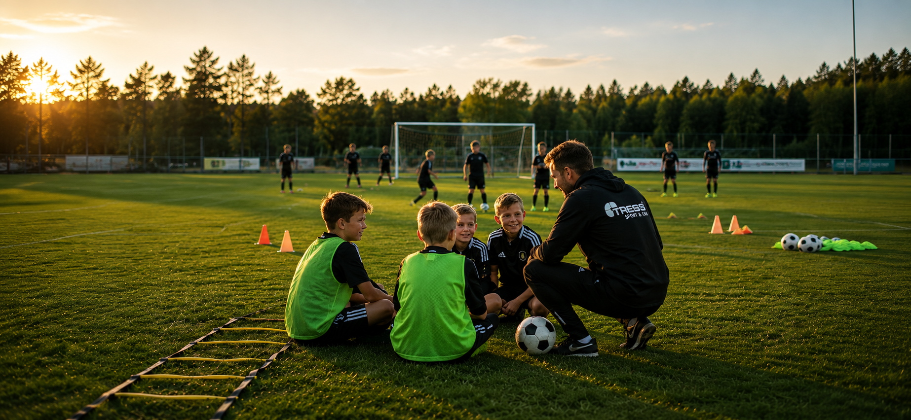 Fotbollstränare samlar ungdomslag inför träning på fotbollsplan – illustrerar klubbavtal som ger föreningar tillgång till kvalitetsutrustning till förmånliga priser för träning och match.