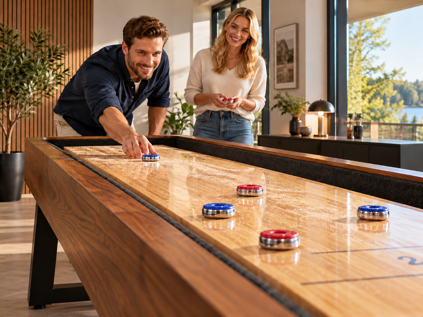 Två personer spelar shuffleboard vid ett stort shuffleboardbord med röda och blå puckar i en ljus och modern spelmiljö.