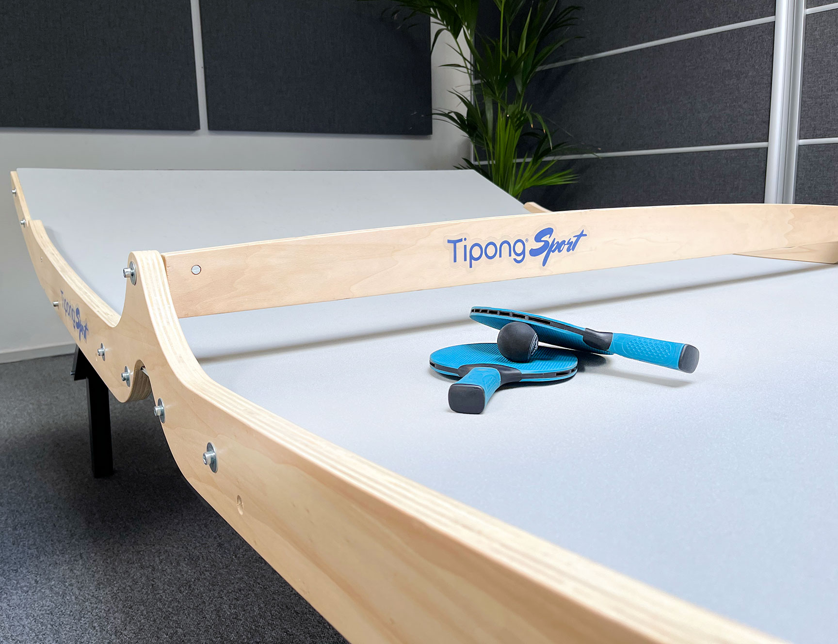 gråt kurvet bord med teksten Tipong Sport i blå henover en træbarre og en hånd forrest i billedet der holder et blåt bat med en bordtennisbold på