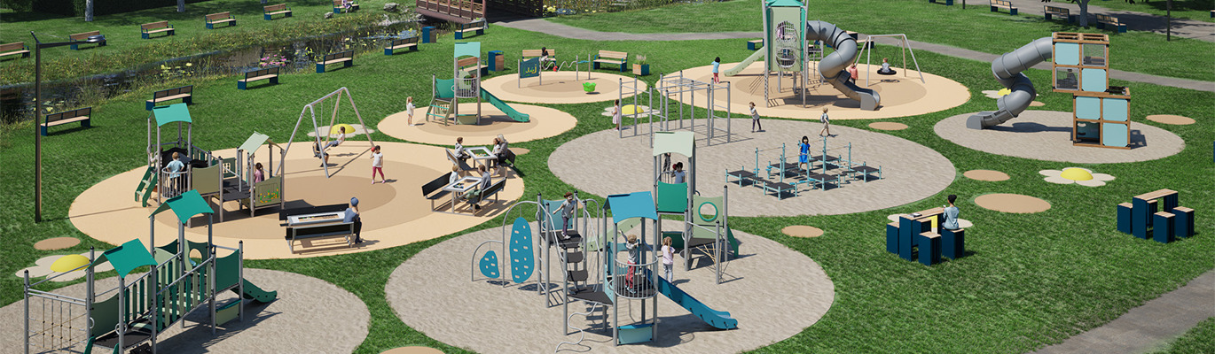 Lekplats med klätterställningar och rutschkanor i ett bostadsområde