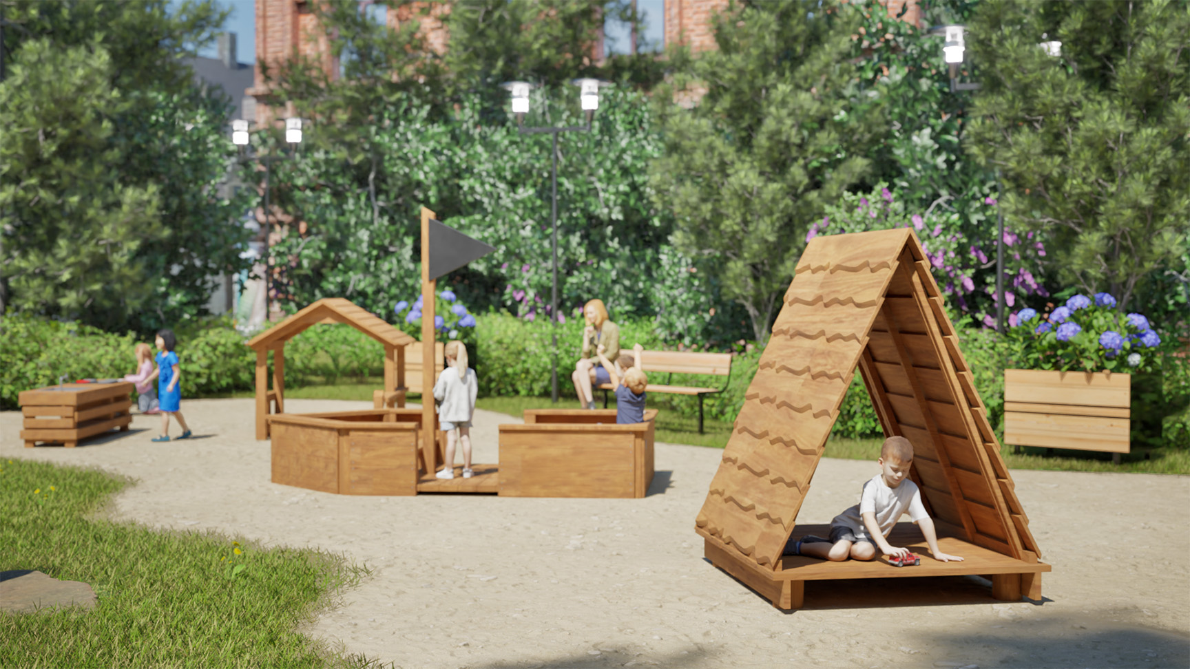 Barn leker i en naturlekplats med sandlådor, lekstuga och tältliknande trähus från lekplatsserien True Nature i en grön parkmiljö.
