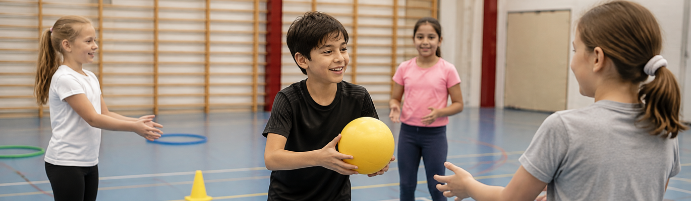 Elever deltar i en bollaktivitet med en mjuk gul boll i en idrottshall.