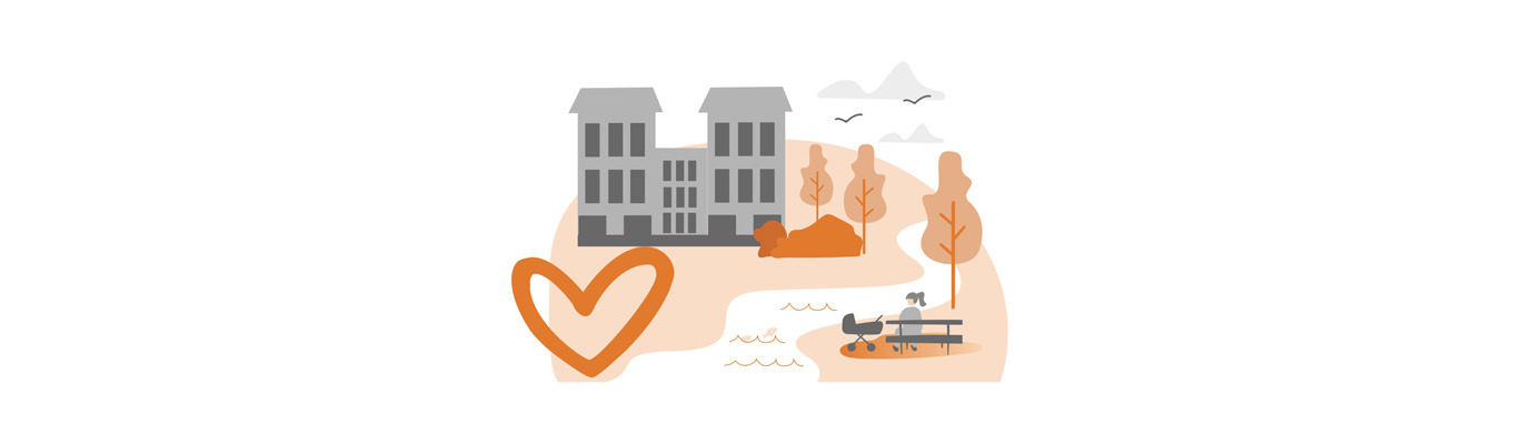 Illustration av hållbar utemiljö med bostadshus, träd, gångväg och person med barnvagn vid vatten, samt hjärtsymbol i förgrunden