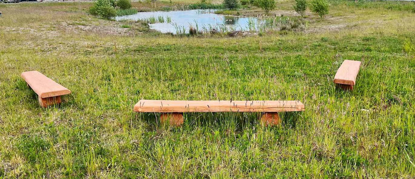 Fritstående bænke i robinia-træ placeret i græsset ved sø med boligområde i baggrunden