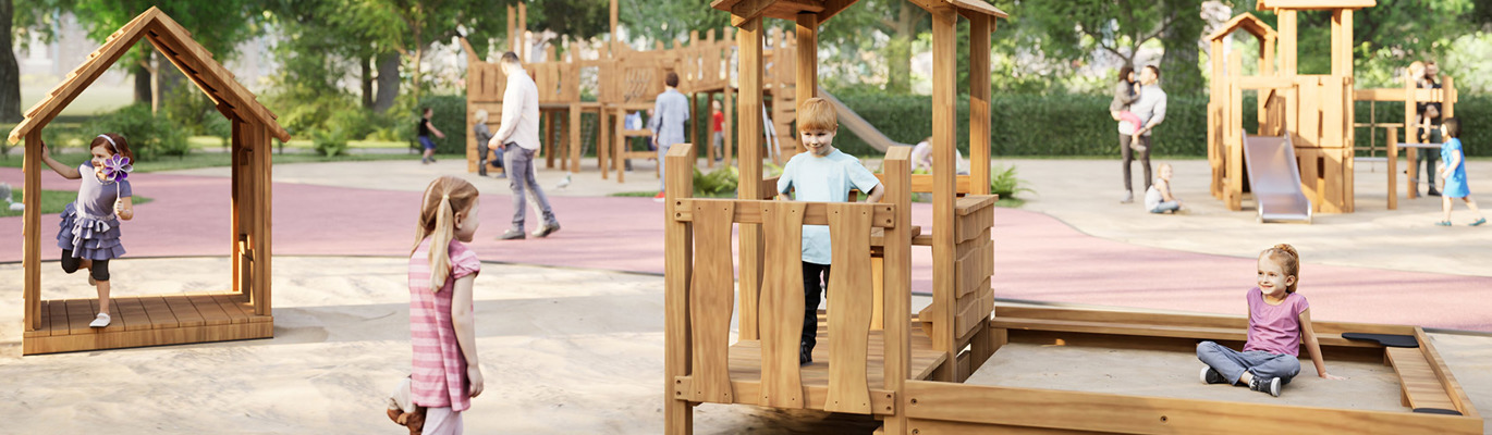 Lekeplass med barn og klatrestativ med sandkasse av tre
