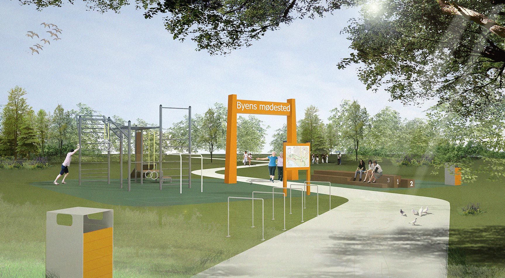 Illustration af et udendørs mødested med udendørs fitness, opholdspladser og meget mere