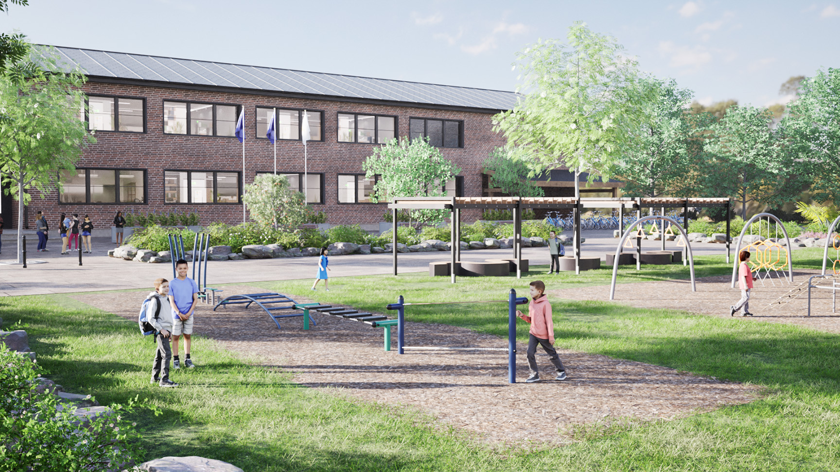 Balansbanor och klätterhinder i parkmiljö med barn som leker på skolgård och lekplats.