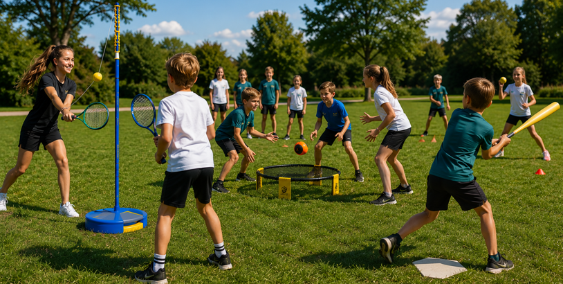 Barn spelar olika bollspel som stångtennis, Ball Bouncer och brännboll utomhus.