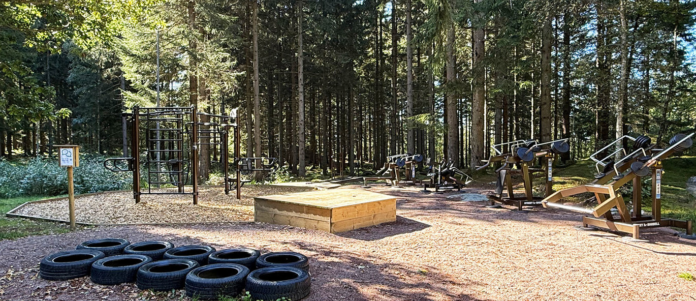 Utegym i skogsmiljö i Bunketorp, Mölndal, med träningsställning, trädäck, däck för funktionell träning och träningsmaskiner med justerbara vikter.