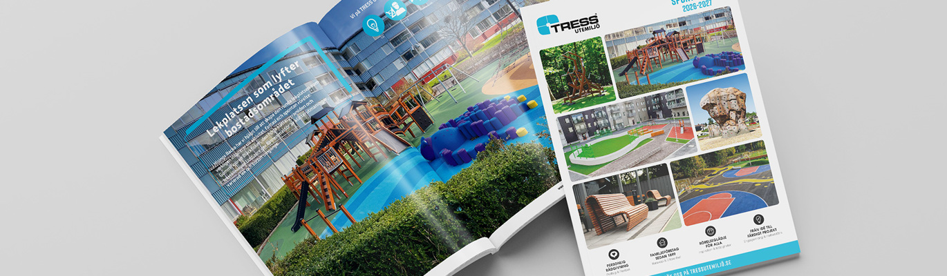 Utemiljökatalogens frontsidan samt ett uppslag med ett referensprojekt